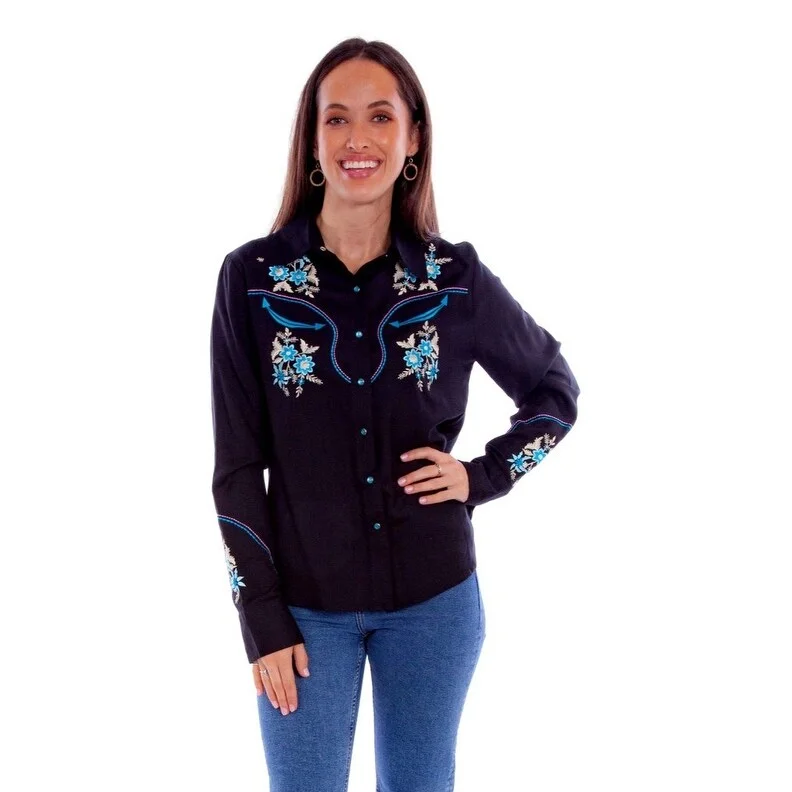 Scully Western Shirt Womens L/S Floral Embroidery Black F0_HC870 Sporty Women's Athleisure Scully Western Shirt Womens L/S Floral Embroidery Black F0_HC870 Sporty Women's Athleisure