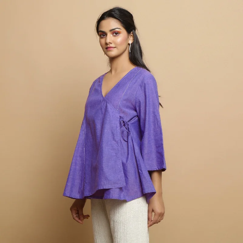 Purple Embroidered Cotton Poplin Asymmetrical Godet Top Sustainable Organic