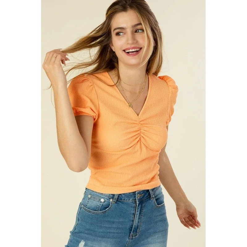 Shirred V Neck Top With Puff Sleeves Sharp Women's Italian Sharp Women's Italian