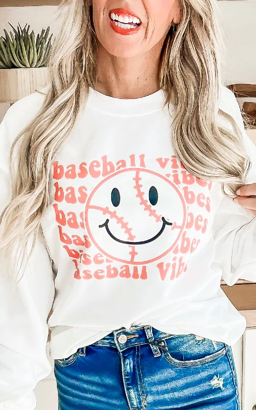 Baseball Vibes White Graphic Crewneck Sweatshirt Elegant Women's  Elegant Women's 