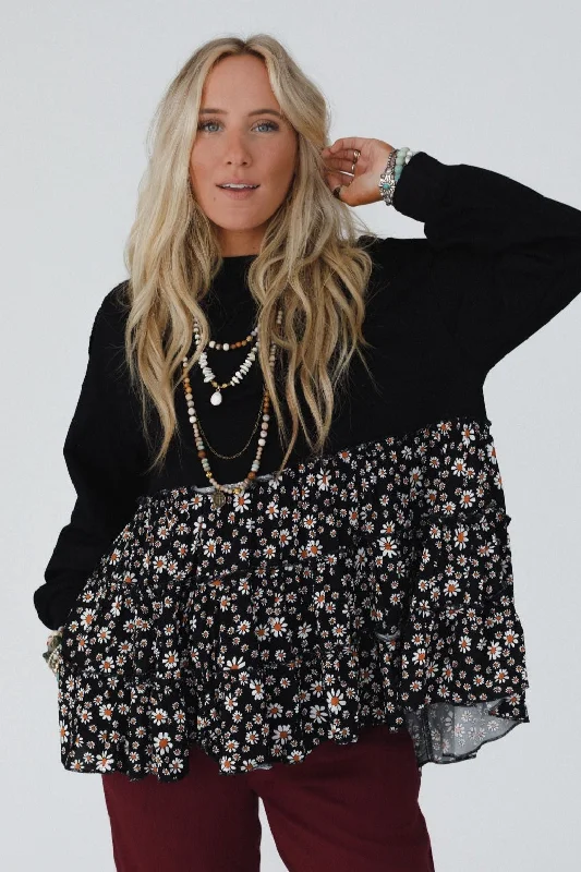 Madeira Tiered Babydoll Top - Black Daisy Minimalist Women's Casual