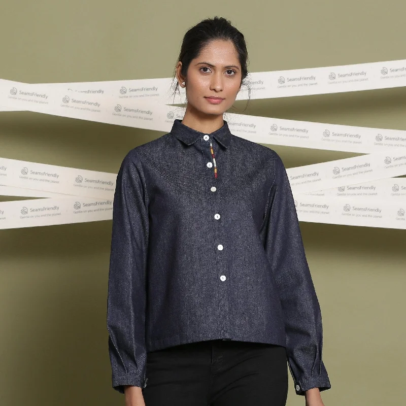Indigo Cotton Denim Flat Collar Button Down Shirt Women