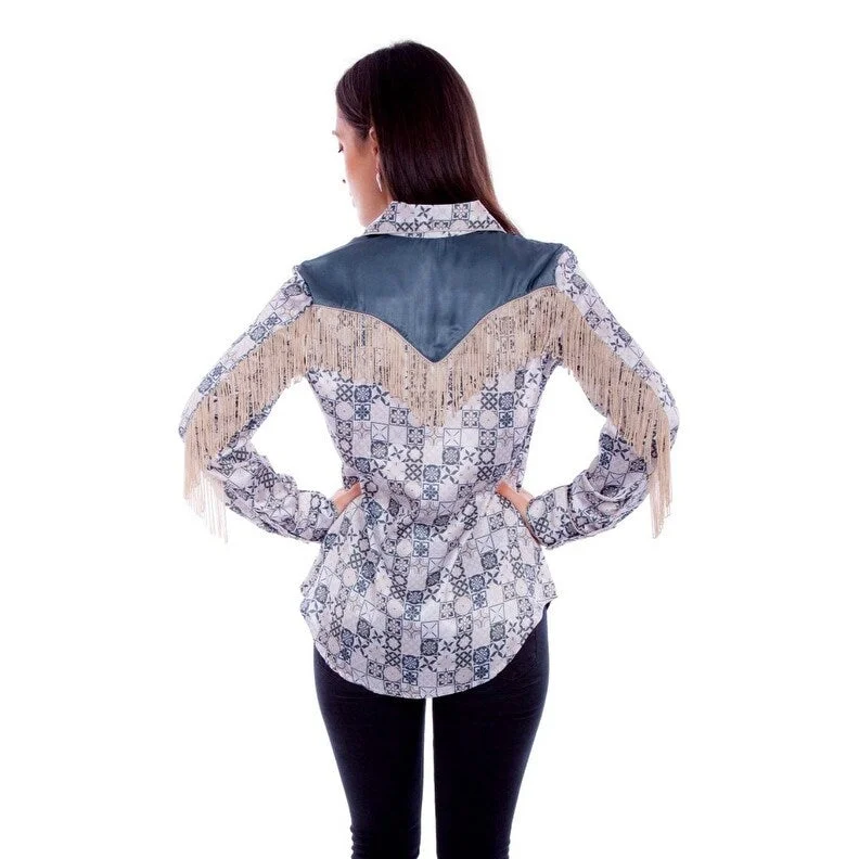 Scully Western Shirt Womens Long Sleeve Print Fringe Ivory F0_HC866 Modern Women's 