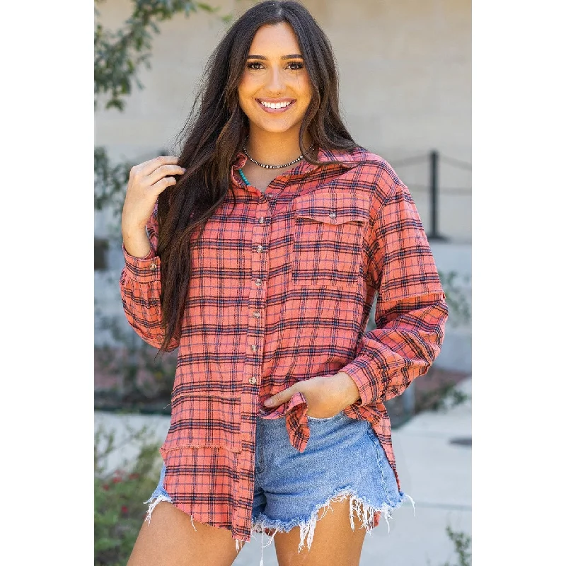 Plaid Long Sleeve Side Split Distressed Shirt Disco
