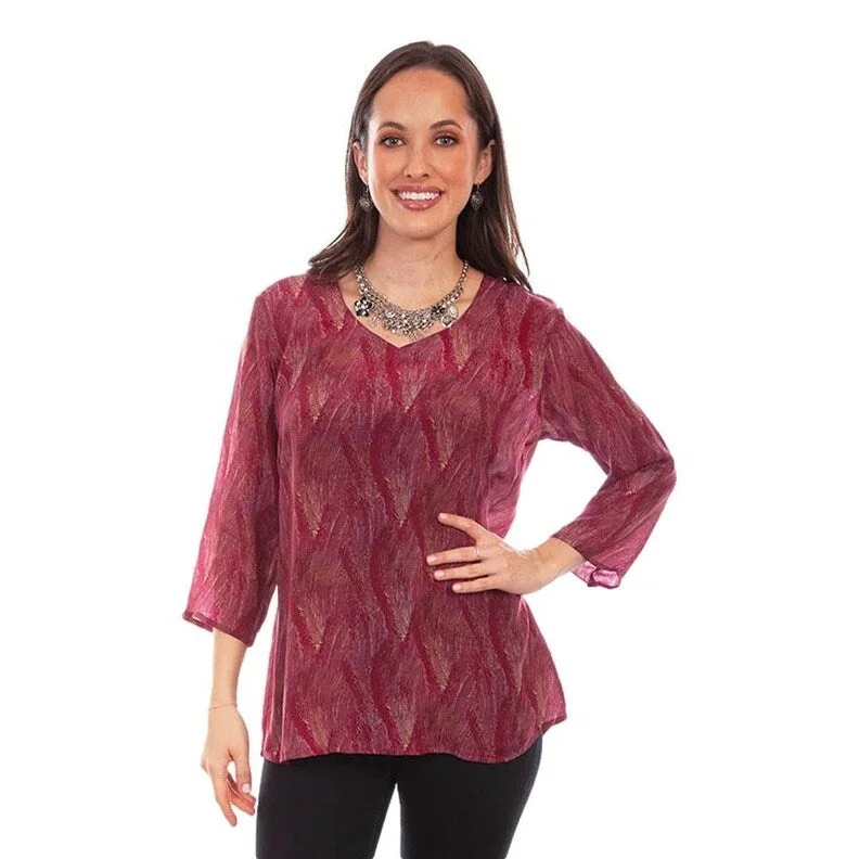 Scully Western Shirt Womens 3/4 Sleeve Print V-Neck Fuschia F0_HC802 Cashmere Cashmere
