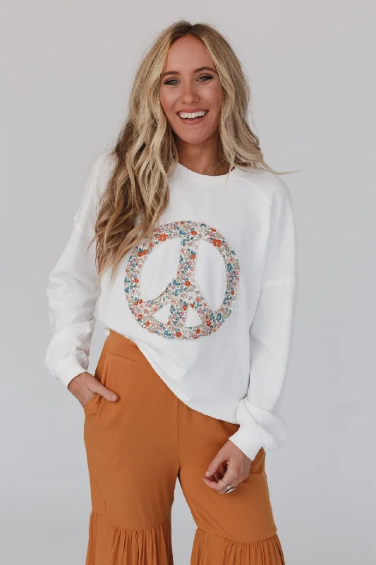 Jenny Floral Peace Sign Pullover Top - Off White Youthful Women's Pop Youthful Women's Pop