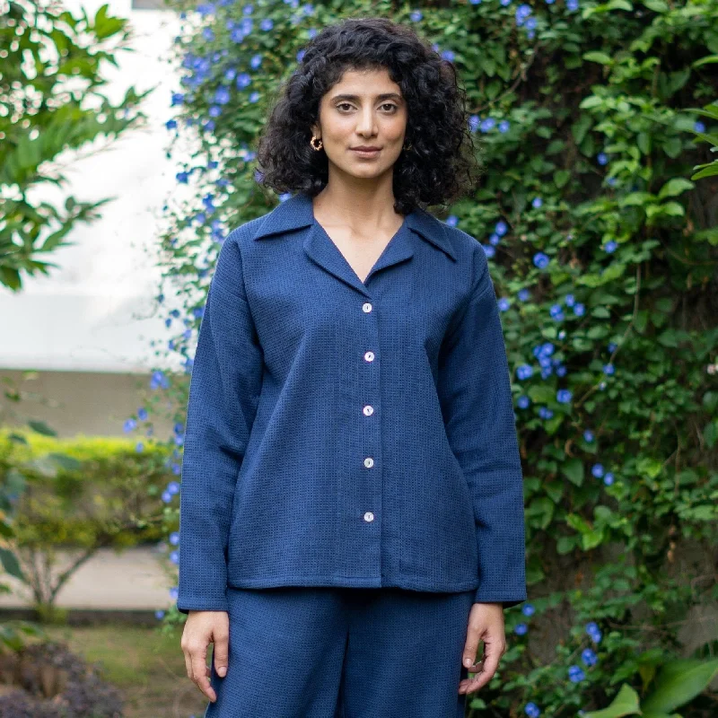 Navy Blue Warm Cotton Waffle Comfort Fit Button-Down Shirt Artistic Women's Hand - painted Navy Blue Warm Cotton Waffle Comfort Fit Button-Down Shirt Artistic Women's Hand - painted
