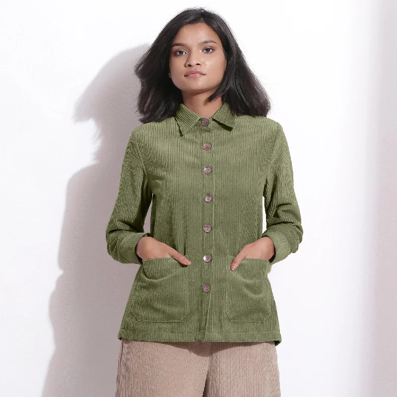 Sage Green Warm Cotton Corduroy Button-Down Shirt Confident Women's Power