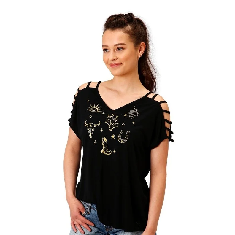 Roper Western Shirt Womens S/S Print Black 03-039-0513-2033 BL Sharp Women's Italian Roper Western Shirt Womens S/S Print Black 03-039-0513-2033 BL Sharp Women's Italian